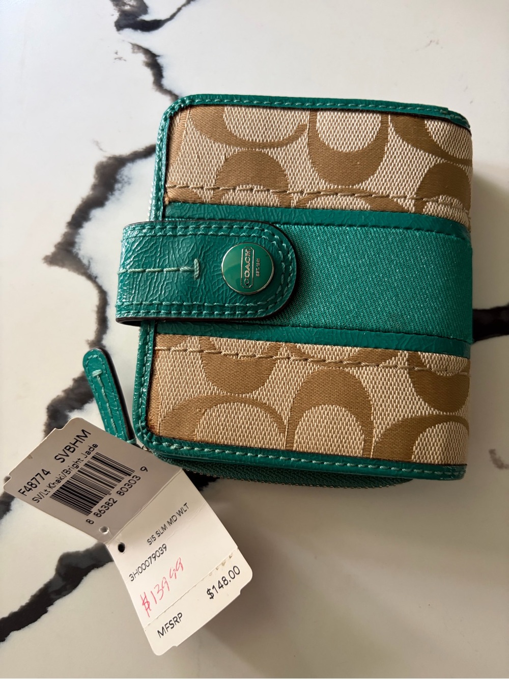Coach Beige Signature Canvas Wallet with Teal Trim